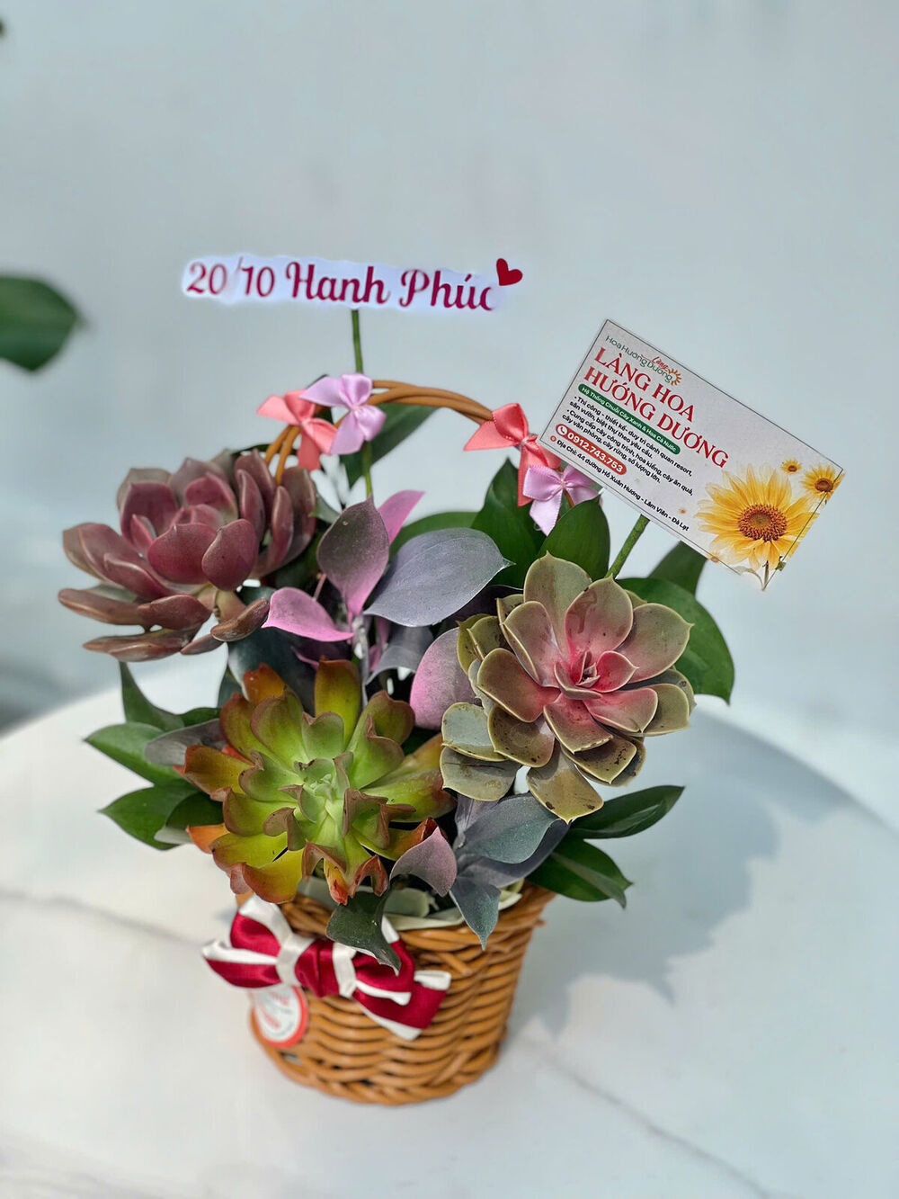 Giỏ Sen Đá Lá Tía Quai Xách Nơ Đỏ